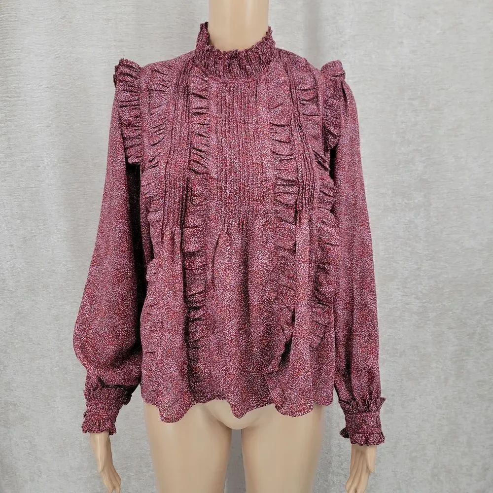 Dear John Mock Neck Ruffled Peasant Blouse Speckled Purple Burgundy Red NEW